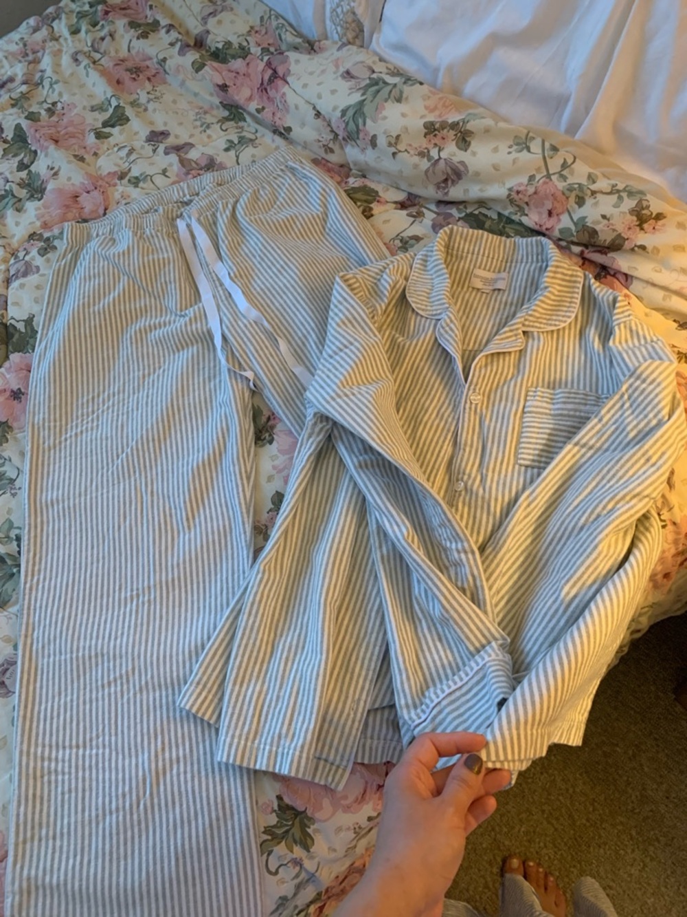 Striped Cotton Pajama Set - Light Blue & White